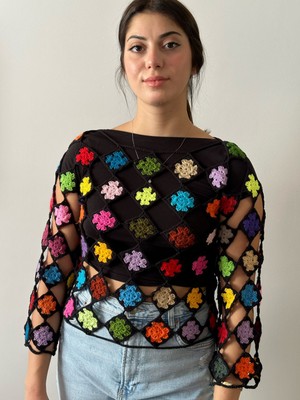 Gönülden Tasarım El Örgüsü Triko Çiçekli Renkli Kadın File Bluz Crop