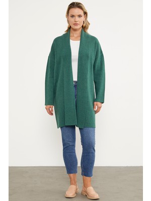 Sementa Şal Yaka Düz Uzun Triko Hırka - Yeşil