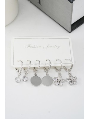 By Zeyna Aksesuar Kadın Zirkon Taşlı Sallantılı Çiçek Figürlü Klipsli 6'lı Küpe Seti