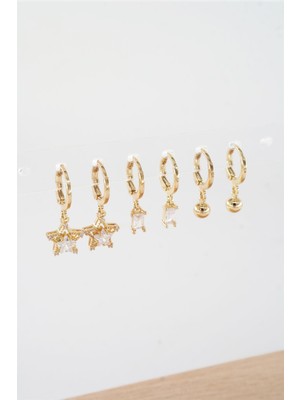 By Zeyna Aksesuar Kadın Zirkon Taşlı Sallantılı Yıldız Figürlü Klipsli 6'lı Küpe Seti