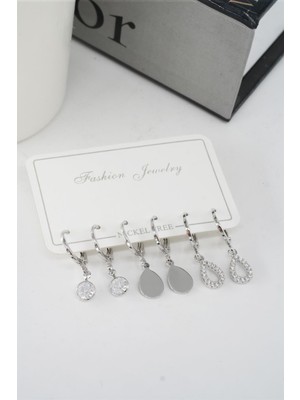 By Zeyna Aksesuar Kadın Zirkon Taşlı Sallantılı Damla Figürlü Klipsli 6'lı Küpe Seti