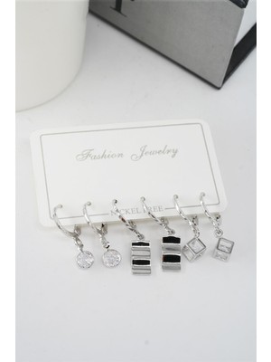 By Zeyna Aksesuar Kadın Zirkon Taşlı Sallantılı Kare Figürlü Klipsli 6'lı Küpe Seti