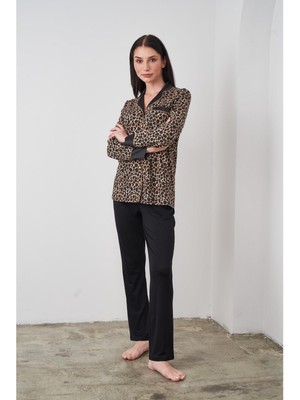 Pjs 24511 Kadın Leopar Desenli Düğmeli Pijama Takım