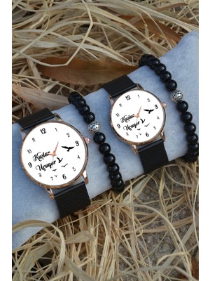 Stony Siyah Rosegold Hasır Çift Kuşlar Uçuyor Beyaz Saat ve Bileklik Çift Sevgili Saatleri