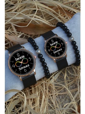 Stony Siyah Rose Gold Hasır Çift Seninle Sonsuza Saat ve Bileklik Hediyeli Çift Saatleri