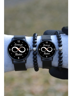 Stony Çift Saatleri Sevgili Siyah Hasır Bay Bayan Harfli Bileklikli Sonsuza Kadar Sevgililer Günü