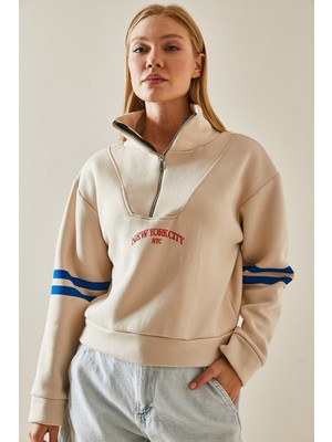 Xhan Krem Fermuar Detaylı Baskılı Sweatshirt 4KXK8-47608-22