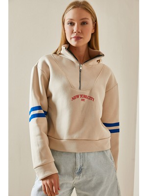 Xhan Krem Fermuar Detaylı Baskılı Sweatshirt 4KXK8-47608-22