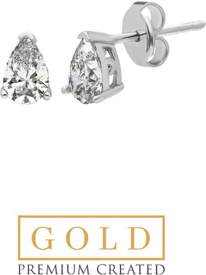 Beyaz Altın Sertifikalı Taşlı Premium Created Damla Tektaş Küpe