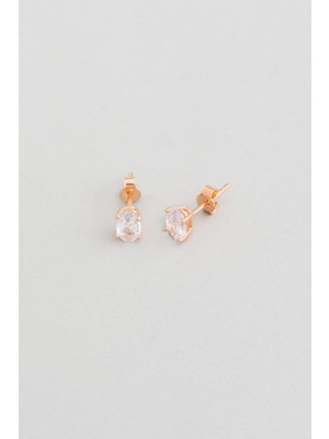 So CHIC Oval Taşlı 18 Ayar Rose Altın Kaplama 6 Mm  Gümüş Tektaş Küpe
