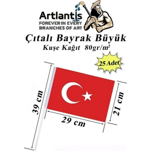 Çıtalı Bayrak Kağıt 21 x 29 cm 25 Adet Ay Yıldızlı Türk Bayrağı Çıtalı Sopalı Büyük Bayrak Plastik Çubuklu Bayrak