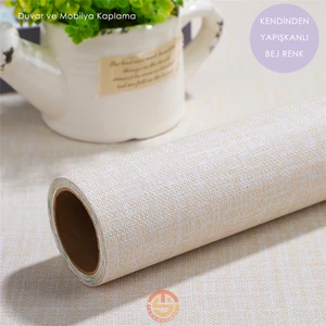 60CM×100CM Kendinden Yapışkanlı Keten Görünümlü Açık Bej Duvar Kağıdı Mutfak Dolap Masa Kaplama