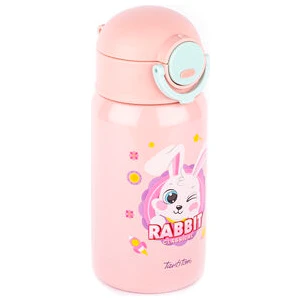 Pembe Tavşan Desenli Pipetli Paslanmaz Çelik Çocuk Termosu 400ML Bomb KD-1038P