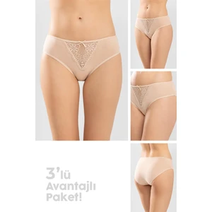 Kadın Beyaz Önü Dantel Detalı Pamuklu Klasik Kadın Külot 3'lü 8251 Ten Rengi