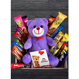 Sevgili Kutusu Mor Peluş Ayı ve Çikolata Dolu Hediye Seti Romantik Tema