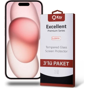 Kzy Apple iPhone 15 ile Uyumlu Temperli Ekran Koruyucu Kırılmaz Cam Ekonomik 3'lü Paket