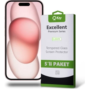 Kzy Apple iPhone 15 ile Uyumlu Temperli Ekran Koruyucu Kırılmaz Cam Ekonomik 5'li Paket