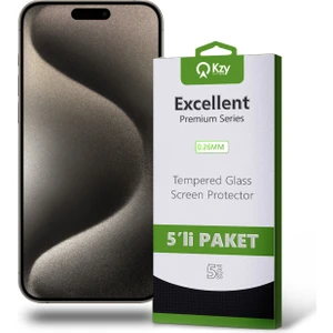 Kzy Apple iPhone 15 Pro Max ile Uyumlu Temperli Ekran Koruyucu Kırılmaz Cam Ekonomik 5'li Paket