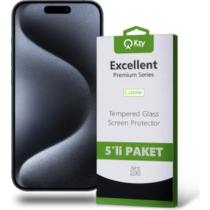 Kzy Apple iPhone 15 Pro ile Uyumlu Temperli Ekran Koruyucu Kırılmaz Cam Ekonomik 5'li Paket