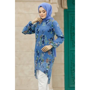Neva Style Çiçek Desenli Indigo Mavisi Tesettür Tunik 91236IM