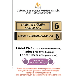 Mey Art Altın Metal Kapı İsimliği Seti 3'lü - Kapı İsimliği, Kapı Numarası, Posta Kutusu İsimliği