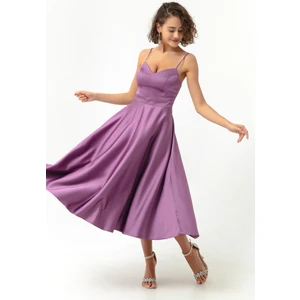 Kadın Lavanta Ince Askılı Midi Saten Abiye Elbise