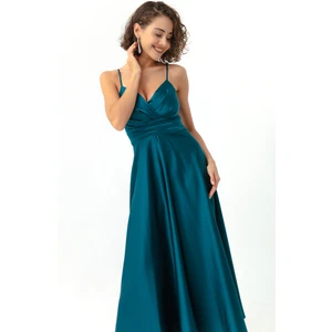 Kadın Petrol İp Askılı Bel Kemerli Saten Midi Abiye Mezuniyet Elbisesi