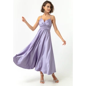 Kadın Lila İp Askılı Bel Kemerli Saten Midi Abiye Mezuniyet Elbisesi