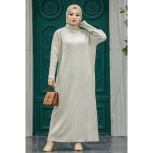 Neva Style Boğazlı Yaka Bej Tesettür Triko Elbise 34150BEJ