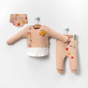 Linora Baby Uzun Kol Smile Basklı Fularlı 3'lü Bebek Takım