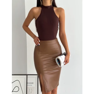 Ozy Fashion Yüksek Bel,içi Şardonlu,yırtmaçlı,beli Fermuarlı, Kalem Deri Etek Y0039