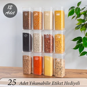 Etiketli Kare Un Erzak Bakliyat Saklama Kabı Takımı Şeffaf 1,90 lt 12'li