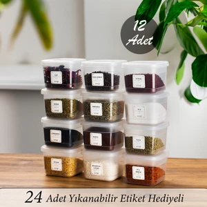 Çok Amaçlı Etiketli Baharatlık Kahvaltılık Kapaklı Saklama Kabı Şeffaf 600 cc 12'li