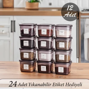 Çok Amaçlı Etiketli Baharatlık Kahvaltılık Kapaklı Saklama Kabı Antrasit 600 cc 12'li