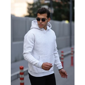 Erkek Beyaz Tam Oversize Kanguru Cepli 3 İplik Erkek Kapüşonlu Sweatshirt