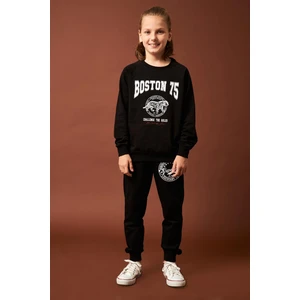 Boston Baskılı Erkek Çocuk Sweatshirt Siyah