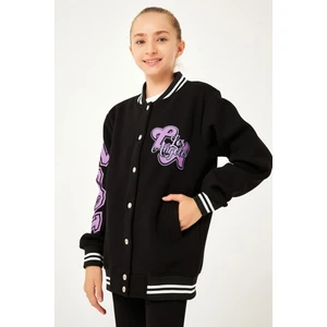 1992 Baskı Detaylı Kız Çocuk Kolej Ceket Siyah