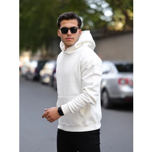 Erkek Beyaz Tam Oversize Kanguru Cepli 3 İplik Erkek Kapüşonlu Sweatshirt