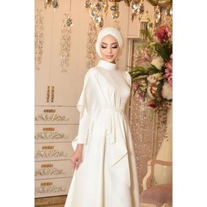 Defne Abiye Elbise Kırık Beyaz Saten Kumaş Oval Kuyruk Detaylı Kadınlar İçin