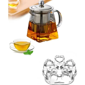 Borosilikat Cam Metal Süzgeçli ve Metal Kapaklı Piramit Demlik ve Cam Isıtıcılı Set 750 ml