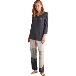 Kadın Yumuşak Dokulu Uzun Kollu Lacivert Pijama Takımı W604