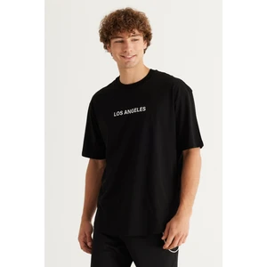 Altınyıldız Classics Erkek Siyah Long Fit %100 Pamuk Oval Kesim Bisiklet Yaka Los Angeles Baskılı Tişört