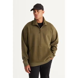 Altınyıldız Classics Erkek Haki Oversize Bol Kesim Içi Polarlı Iplik Dik Bato Yaka Pamuklu Sweatshirt