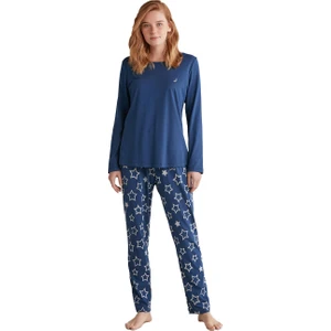 Kadın Yumuşak Dokulu Uzun Kollu Lacivert Pijama Takımı W619
