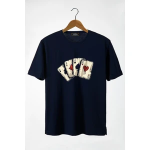Terapi Men Erkek Lacivert Iskambil Kağıdı Baskılı Bisiklet Yaka Oversize T-Shirt 22Y-3400762-2