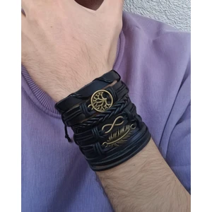 BSN Store Yaşam Ağacı Sonsuzluk Yaprak Antik Bronz Figürlü 6'lı El Yapımı Charm Siyah Deri Bileklik