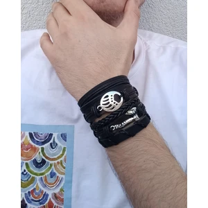 BSN Store Vikin Iskandinav Balta ve Ayı Pençesi Figürlü 5'li Siyah El Yapımı Deri Bileklik