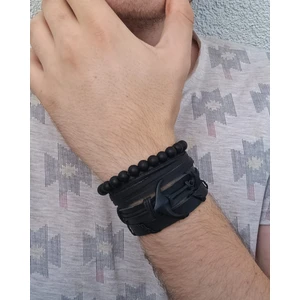 BSN Store Gemici Çapa Siyah Figür Oniks Benzeri Boncuklu 4'lü El Yapımı Deri Bileklik