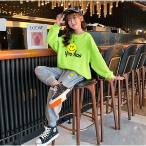 Kids Face Özel Tasarım Drew Emoji  Baskılı  Pamuk Tam Kışlık Kız Çocuk Eşofman Takımı