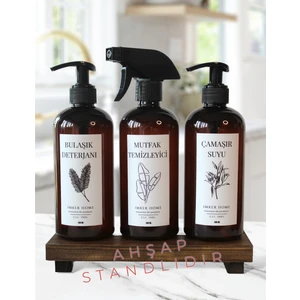 IMKER HOME Ahşap Stantlı Amber Plastik Pompalı Bulaşık Deterjanı Fısfıslı Mutfak Temizleyici Çamaşır Suyu Şişesi 500 ml